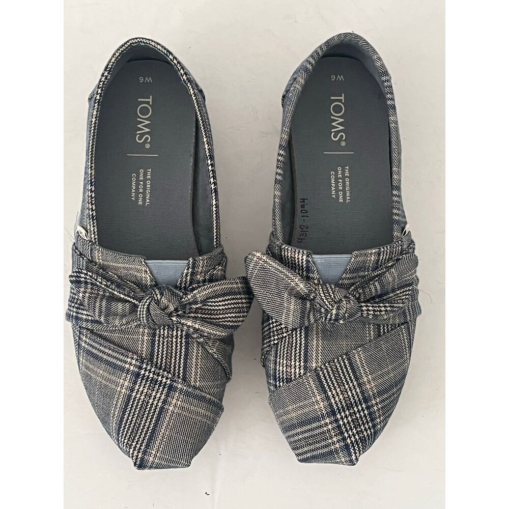 Women's Toms Blue Gray Plaid Shoes Bow lightweight Slide On Casual Flats Size 6